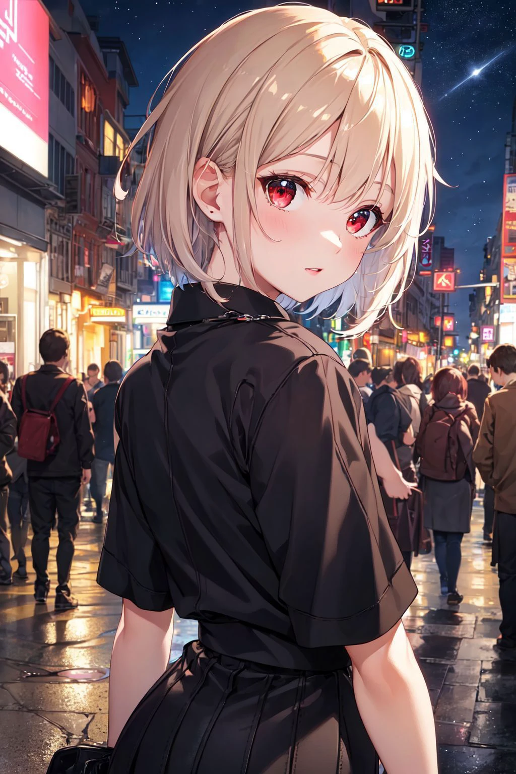 ((masterpiece)), (best quality),
official art, extremely detailed CG unity 8k wallpaper, highly detailed, shiny skin, Depth of field, vivid color,
1girl, (curvy:0.4), (full body:0.6),
short hair, bangs, red eyes, skirt, looking at viewer, night, street, neon, looking back, star \(sky\), crowd, upper body,