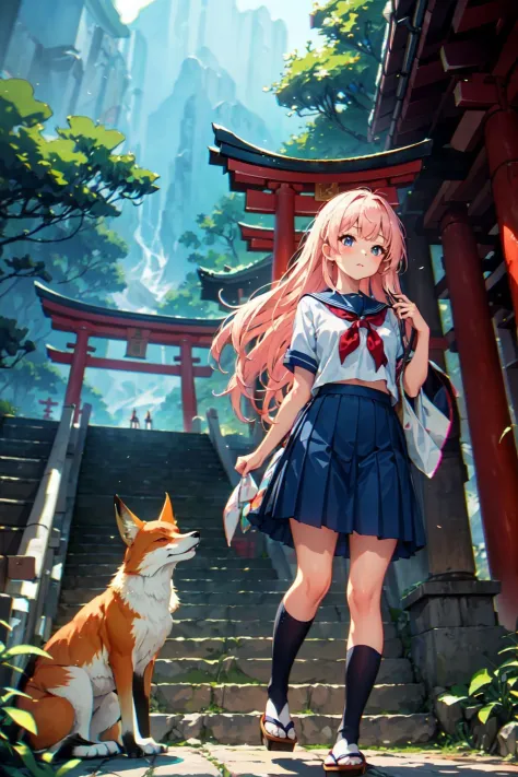 (masterpiece, best quality, chromatic aberration), 
1girl stay near a fox,school uniform, blue skirt, stairs, japanese temple, m...