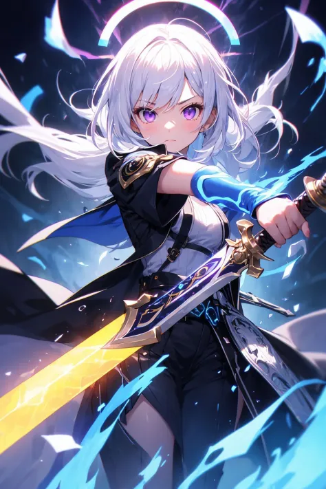 (masterpiece, best quality, chromatic aberration), colorful, 1girl, white hair, purple eyes, dual wielding, sword, holding sword...