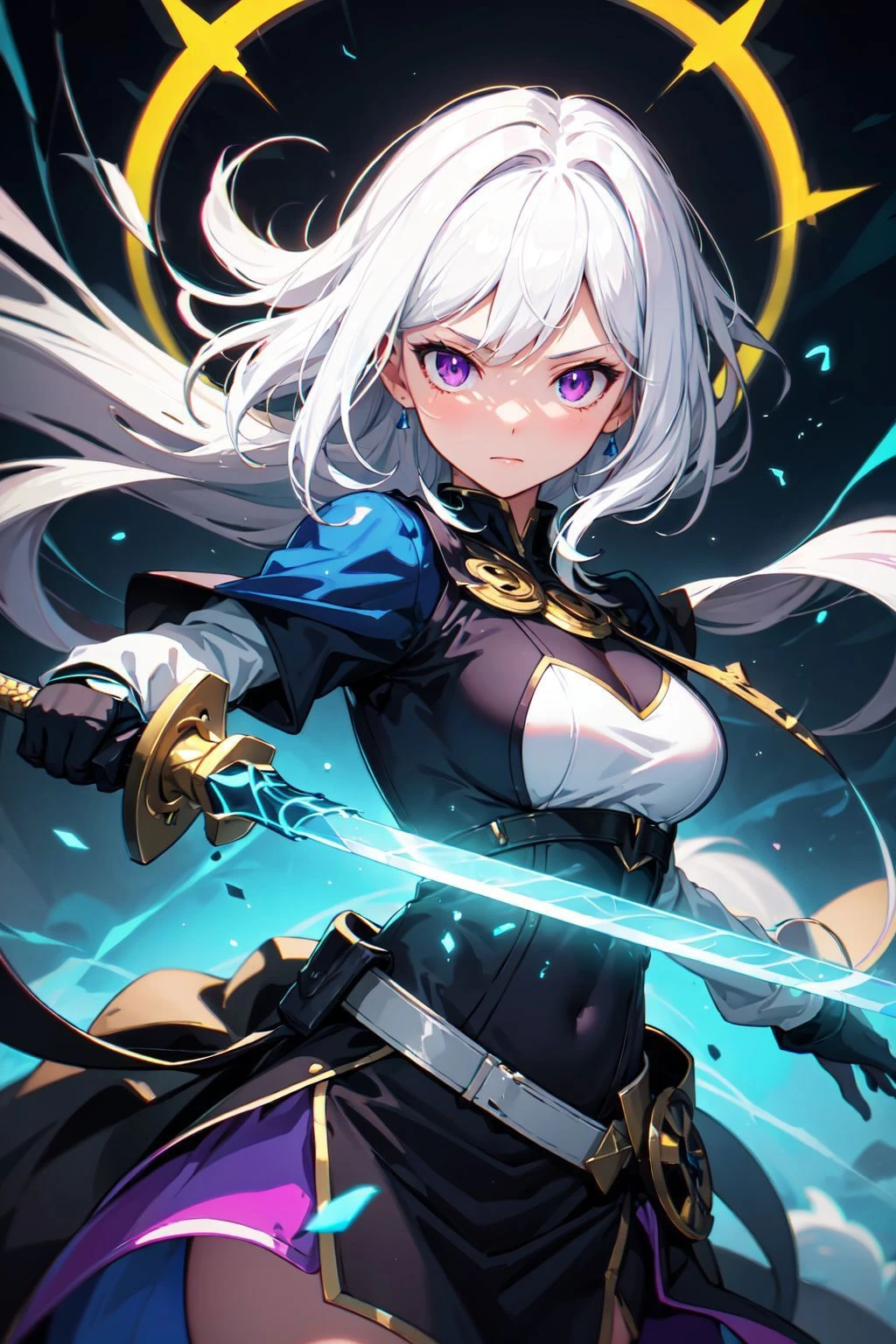 (masterpiece, best quality, chromatic aberration), 
colorful, 1girl, white hair, purple eyes, dual wielding, sword, holding sword, blue flames, glow, glowing weapon, light particles,magic circle,