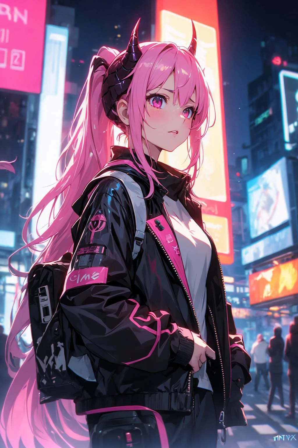 (masterpiece, best quality, chromatic aberration), 1girl, solo, long hair, ponytail, demon horns, horns, cyperpunk vibes, synthwave, city scrapper, night, neon, neon light, RTX, post processing, depth of field
