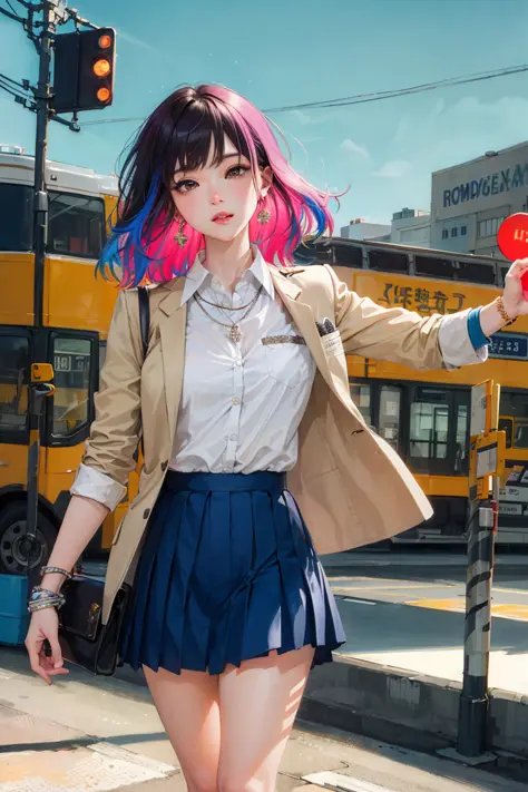 masterpiece, best quality,
1girl, harajuku style, multicolored hair, 
Fashionable high school girl in uniform, confident express...