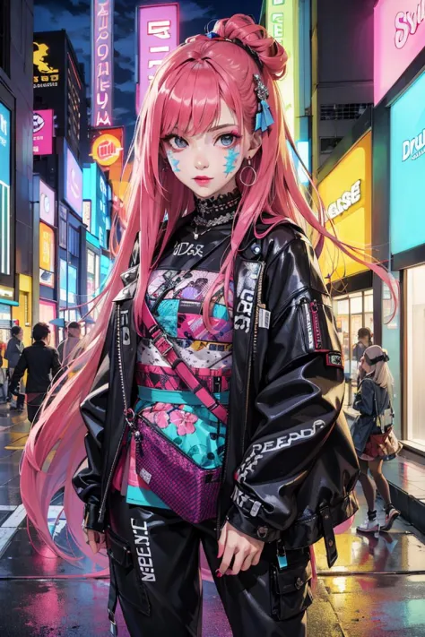 obra maestra, mejor calidad,
1 chica, mirando al espectador, 
Chica segura de sí misma con expresión ligeramente atrevida., Conjunto pop inspirado en Harajuku, colores y patrones atrevidos, accesorios llamativos, peinado moderno e innovador, maquillaje vibrante, Paisaje urbano deslumbrante futurista y ordenado, rascacielos, señales de neón, Luces led, combinación de colores brillantes y vivos,
animado, ilustración,
 Textura de piel detallada, Textura de tela detallada,  hermoso rostro detallado, detalles intrincados, ultra detallado,