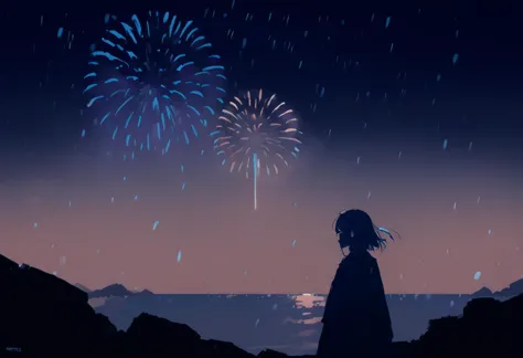 score_9, score_8_up, source_anime, 1girl, cowboy shot, rule of thirds, composition, cinematic, very wide shot, night, night sky, ocean, snowing, facing viewer, head tilt, smile, fireworks, cinematic, cold lighting, blue theme, dark theme, silhouette