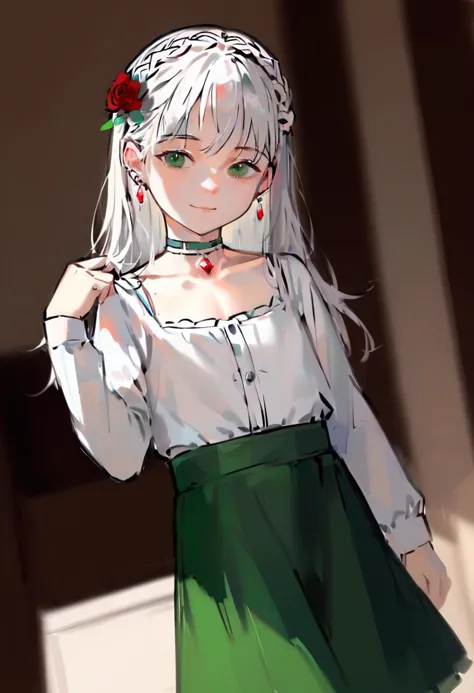 score_9, score_8_up, 1girl, kawaii, solo, green eyes, jewelry, long hair, hair ornament, skirt, hair flower, crown braid, earrings, looking at viewer, flower, white hair, indoors, braid, shirt, white shirt, smile, blurry, frills, long sleeves, frilled shirt, blurry background, green skirt, sidelocks, standing, choker, gem, closed mouth, rose