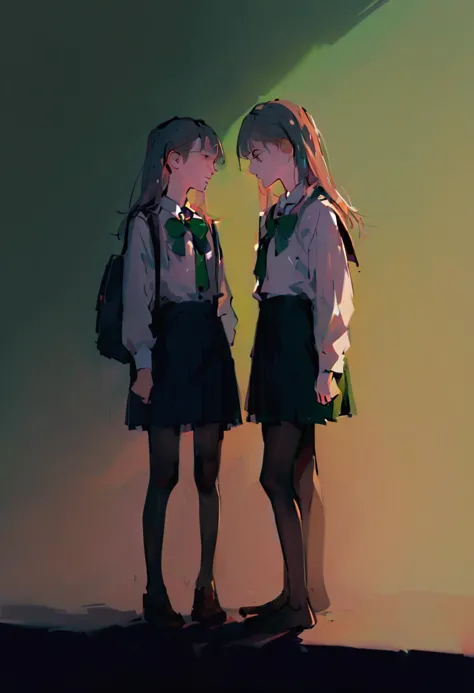 score_9, score_8_up, score_7_up, score_6_up, source_anime, 2girls, skinny, pantyhose, no shoes, school uniform, standing, simple background, yuri, green background, cinematic, warm lighting