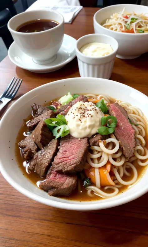 a close up of a bowl of noodles with meat and vegetables