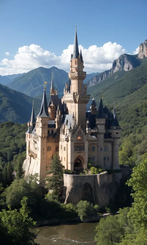 a close up of a castle with a river in the foreground