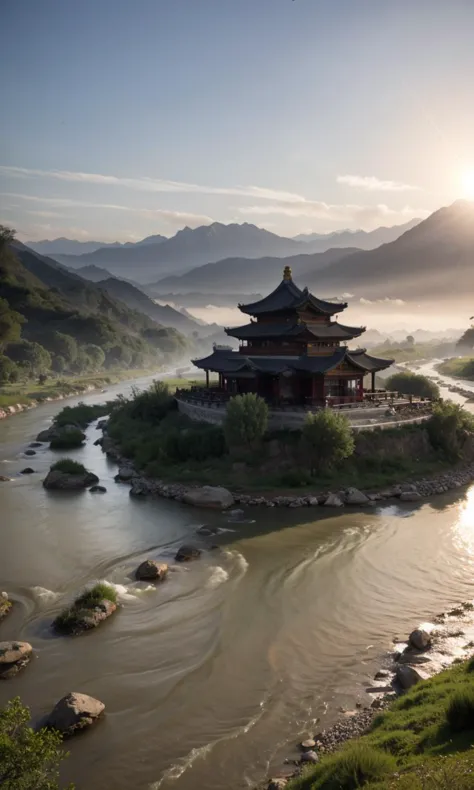 arafed pagoda on a small island in the middle of a river