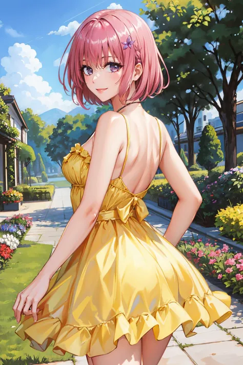 masterpiece, best quality, <lora:tlrmomo-nvwls-v1-000010:0.9> tlrmomo, hair flower, yellow sundress, from behind, garden, blue s...