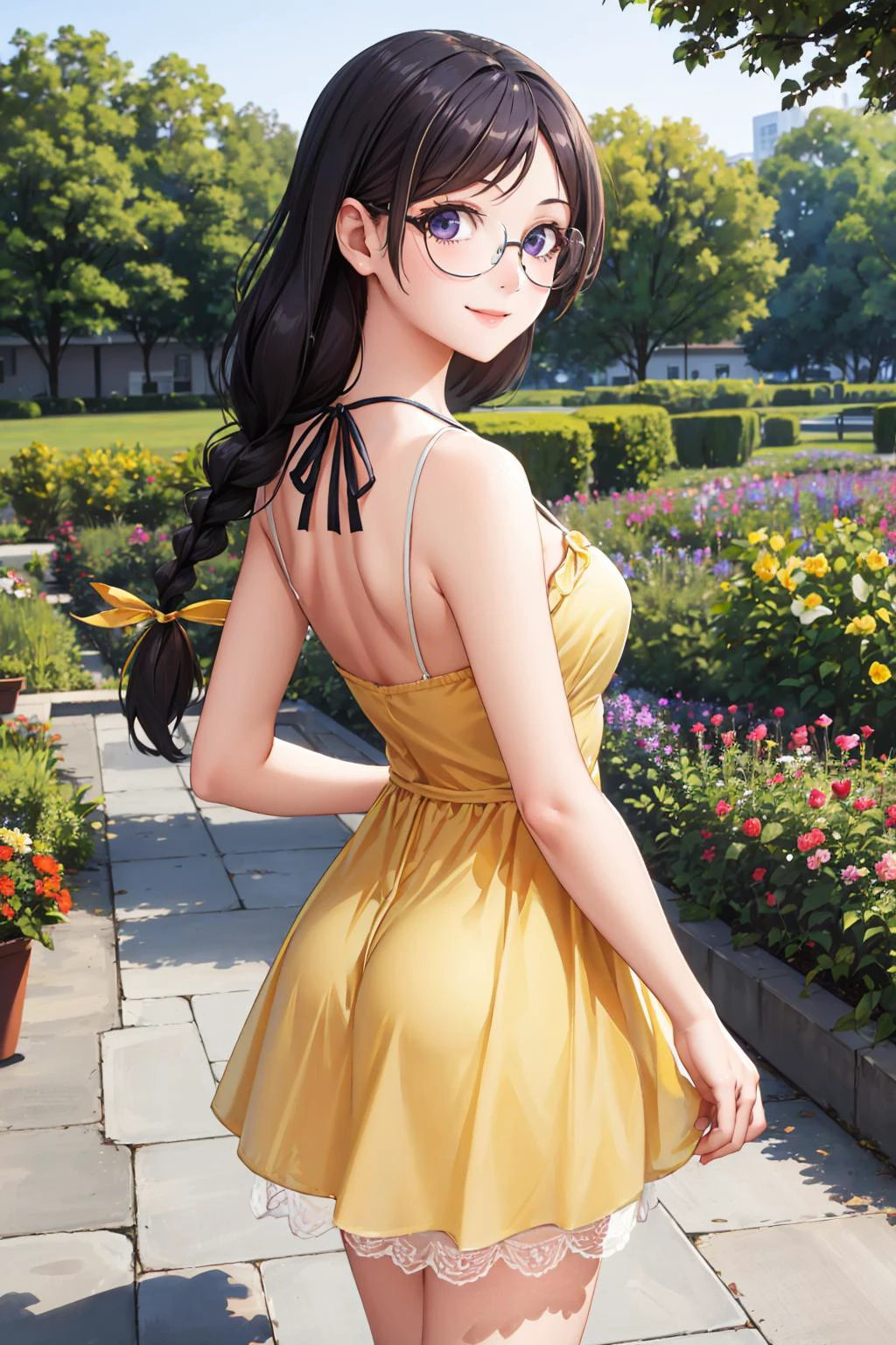 masterpiece, best quality,  defTsubasa, black hair, purple eyes, twin braids, from behind, glasses, yellow sundress, garden, smile  edgYSD,woman wearing a yellow sundress, sklrt hold