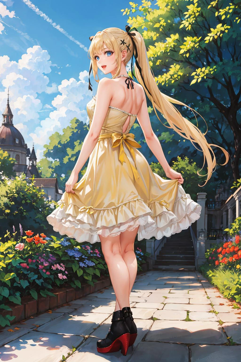 masterpiece, best quality, doamarie, twintails, x hair ornament, hair ribbon, (yellow sundress:1.2), from behind, garden, blue sky, victorian architecture, :D  edgYSD,woman wearing a yellow sundress