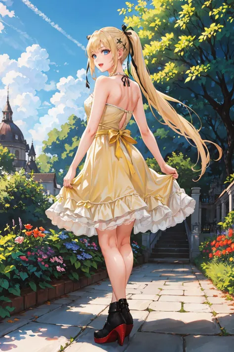 masterpiece, best quality, <lora:marierose-nvwls-v1-000009:0.9> doamarie, twintails, x hair ornament, hair ribbon, (yellow sundress:1.2), from behind, garden, blue sky, victorian architecture, :D  <lora:edgChamYellowSundress:0.4> edgYSD,woman wearing a yellow sundress