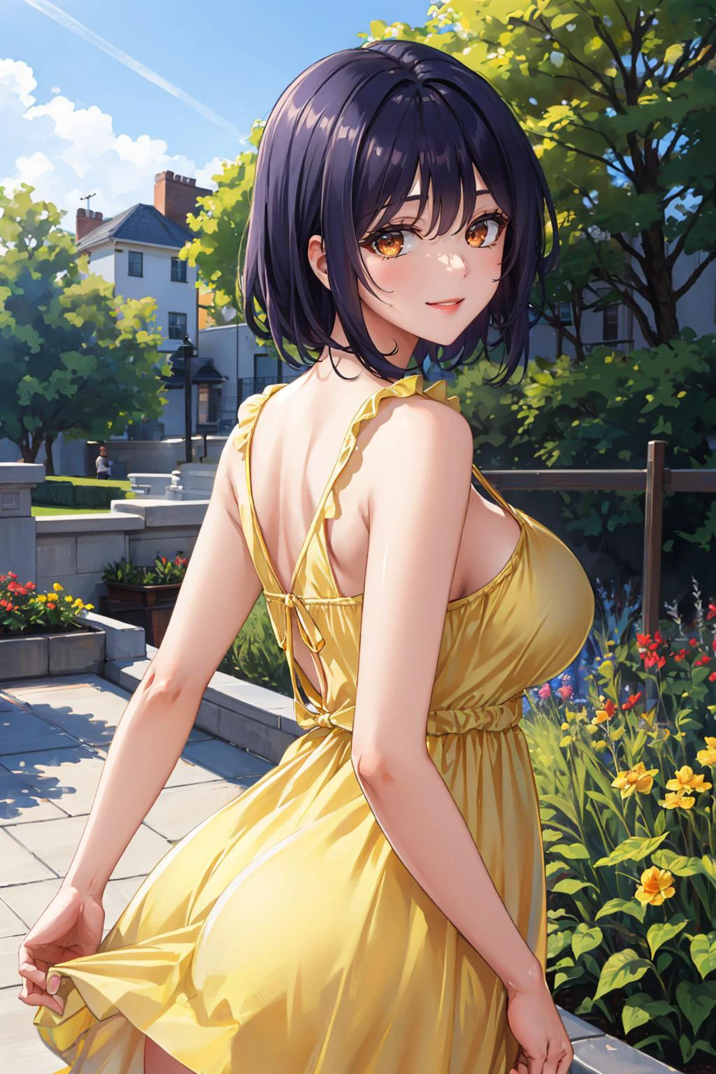 masterpiece, best quality,  otodama tamako, (yellow sundress:1.4), from behind, garden, large breasts, smile  edgYSD,woman wearing a yellow sundress