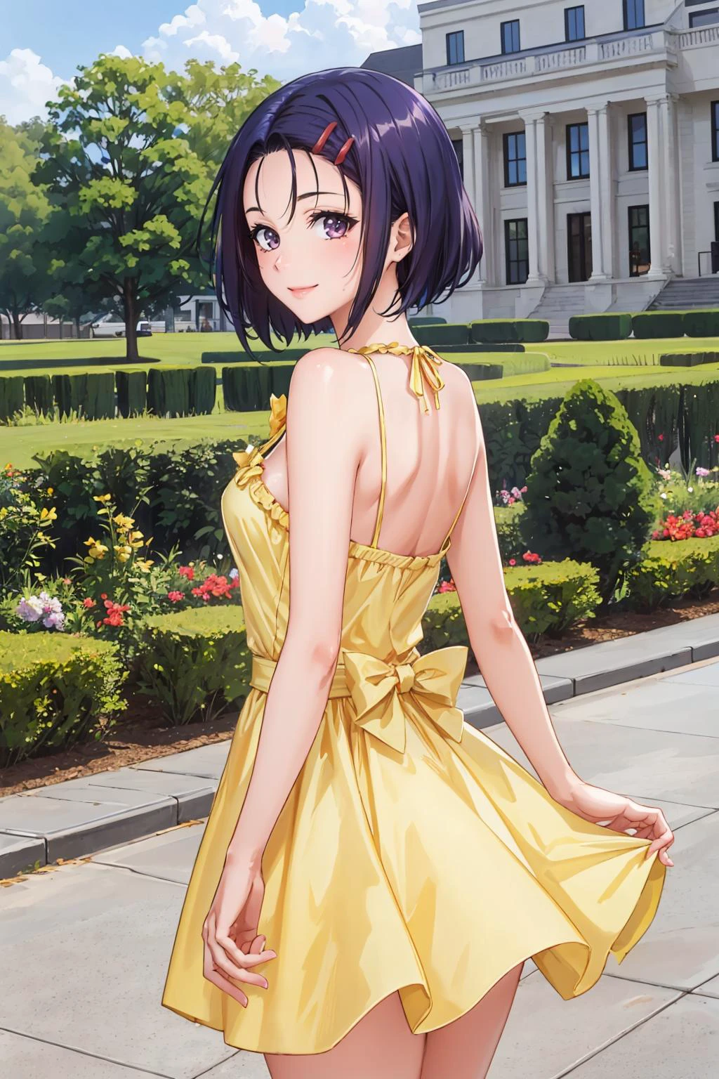 masterpiece, best quality,  tlrharuna, hairclip, green bowtie, yellow sundress, from behind, looking at viewer, smile edgYSD,woman wearing a yellow sundress, garden