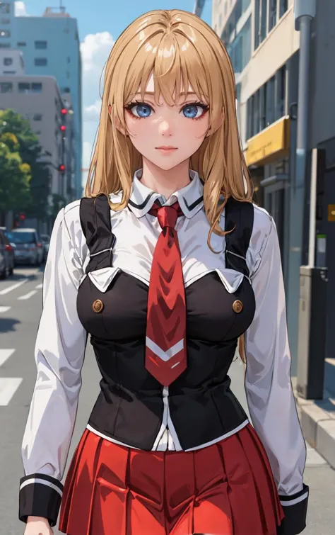 ((masterpiece, best quality)), insaneres, absurdres, solo, outdoors,
CLOTHING_BibleBlack_SchoolDress_ownwaifu, 
1girl, blonde ha...