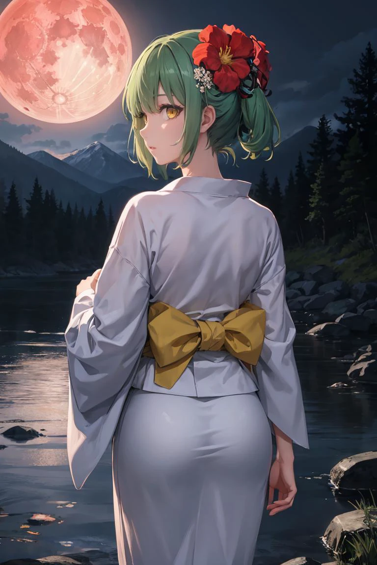 masterpiece, best quality, absurdres, 1girl, solo, light green hair, yellow eyes, medium hair, yukata, short yukata, night, (dark environment), mountains, water, trees, red moon, hair flower, from behind, looking to the side
