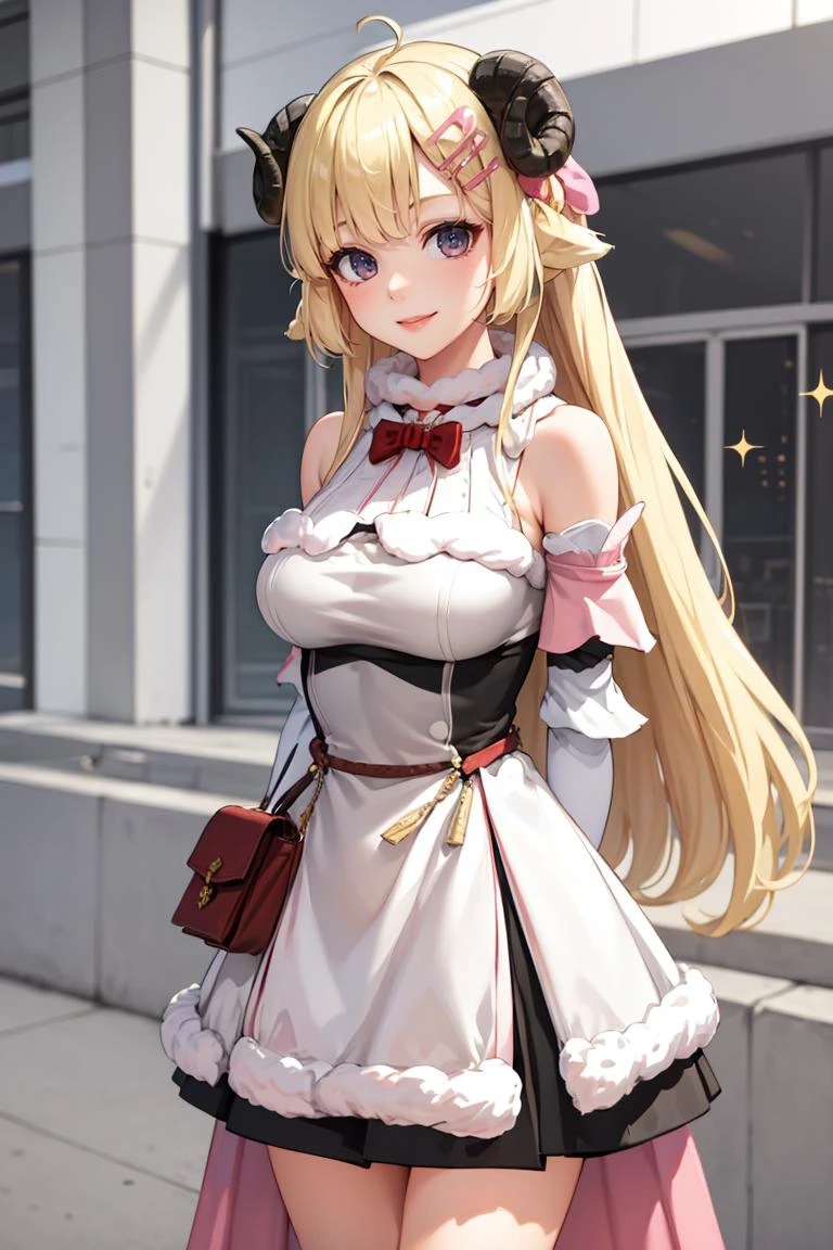 masterpiece, best quality, absurdres, 1girl, solo, WatameBase, very long hair, ahoge, hairclip, fur-trimmed dress, bowtie, detached sleeves, pouch, cape, smile, sparkles, cute, arms behind back, 