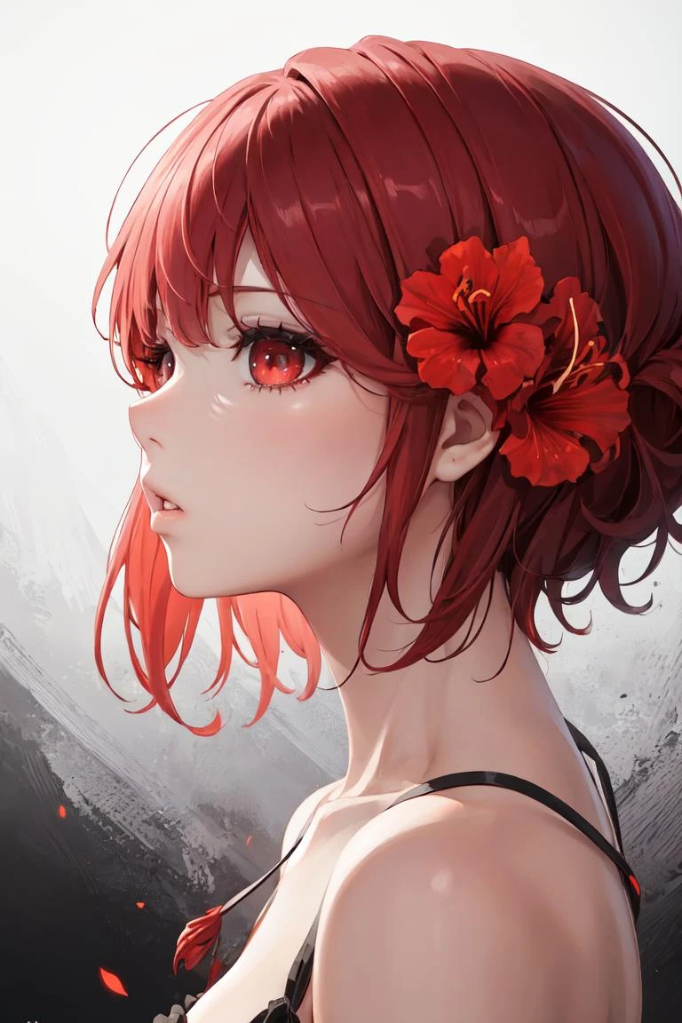 masterpiece, best quality, absurdres, perfect anatomy, 1girl, bangs, black background, camellia, close-up, face, eyelashes, flower, heart of string, hibiscus, parted lips, profile, red eyes, red flower, red hair, short hair, solo, spider lily