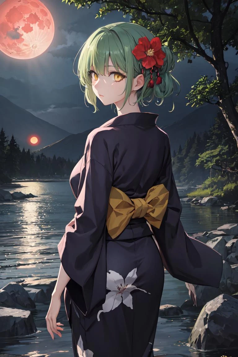 masterpiece, best quality, absurdres, perfect anatomy, 1girl, solo, light green hair, yellow eyes, medium hair, yukata, short yukata, night, (dark environment), mountains, water, trees, red moon, hair flower, from behind, looking to the side