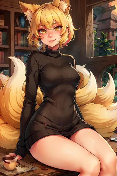 Rollkragenpulli, Ohrringe, Bibliothek, Tasse Kaffee, am Tisch sitzen((Meisterwerk,beste Qualität)), absurdesten, Yakumo_lief_touhou, 1 Mädchen, Allein, blonde, Blondes Haar, Kurzes Haar, gelbe Augen, Fuchs, Fuchs tail,  Allein, lächelnd, Betrachter betrachten, Cowboy-Schuss,