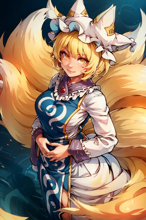 ((obra de arte,melhor qualidade)), absurdos, Yakumo_corrido_Touhou, 1 garota, Sozinho, loiro, loiro hair, cabelo curto, olhos amarelos, raposa, raposa tail,  tem, tabardo, vestido longo,  Sozinho, sorridente, Olhando para o visualizador, de cima, tiro de vaqueiro,