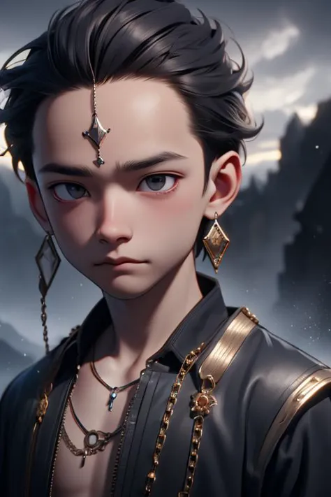 little boy, male <lora:Foreheadwear_v2:0.6> 4hewe, forehead jewel, forehead chain, cinematic, atmospheric, dust particles, chiaroscuro