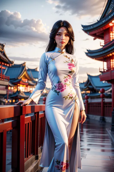 a woman in a white dress standing on a bridge next to a pagoda