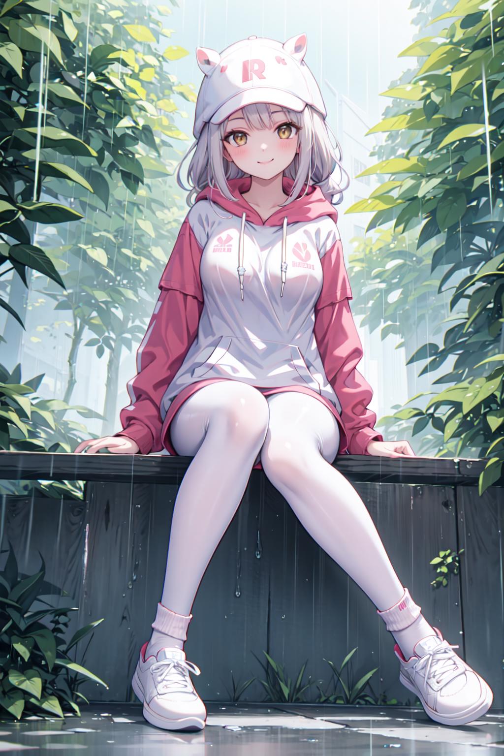 Anime girl sitting on a wall in the rain - SeaArt AI