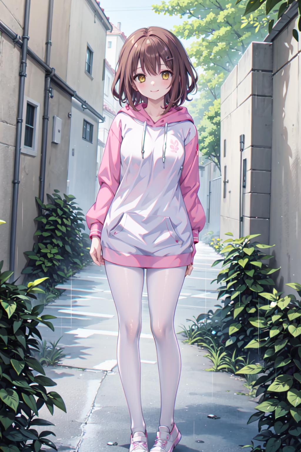 Anime girl in pink and white hoodie walking down a narrow alley - SeaArt AI