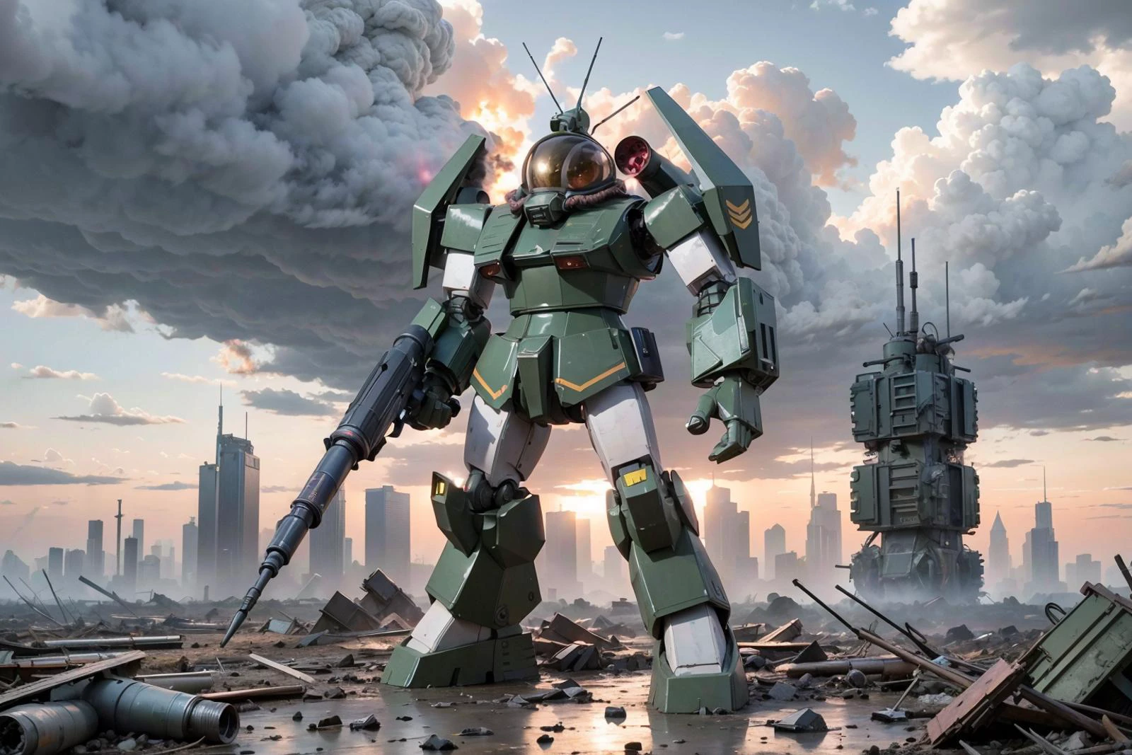 RAW photo of a giant urban camouflage colored robot with a gun in its hand, firing rockets from it's shoulder mounted rocket launcher, standing in a desolate, destroyed post-apocalyptic city, cloudy sky, harsh landscape, cluttered with debris
 