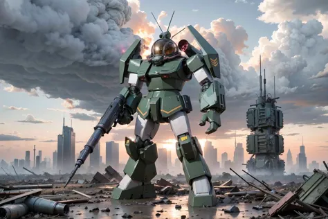 RAW photo of a giant urban camouflage colored robot with a gun in its hand, firing rockets from it's shoulder mounted rocket lau...