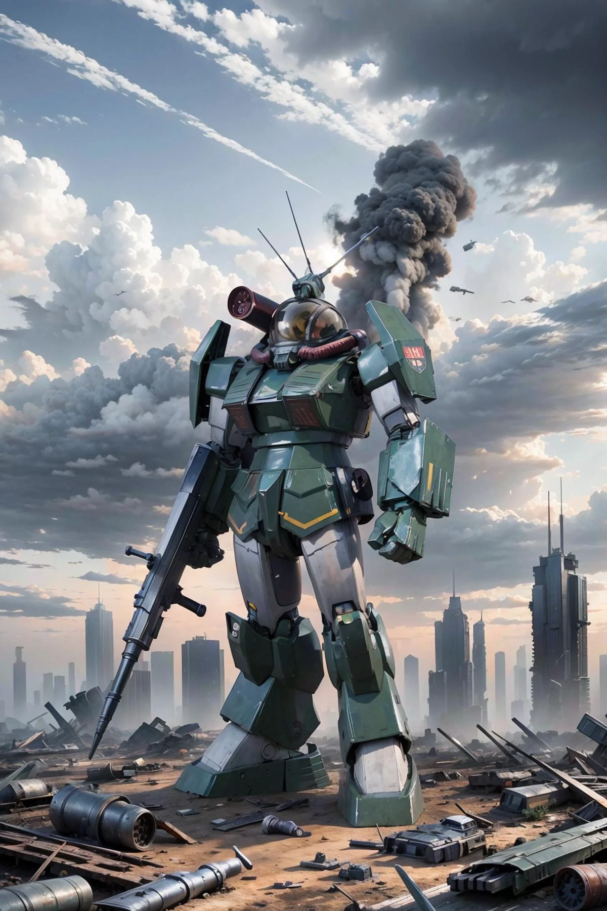 RAW photo of a giant robot with a gun in its hand, standing in a desolate, destroyed post-apocalyptic city, cloudy sky, harsh landscape, cluttered with debris
 