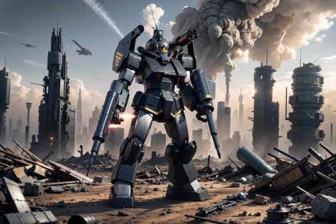 RAW photo of a giant black and gold painted robot with a gun in its hand, firing rockets from it's shoulder mounted rocket launc...