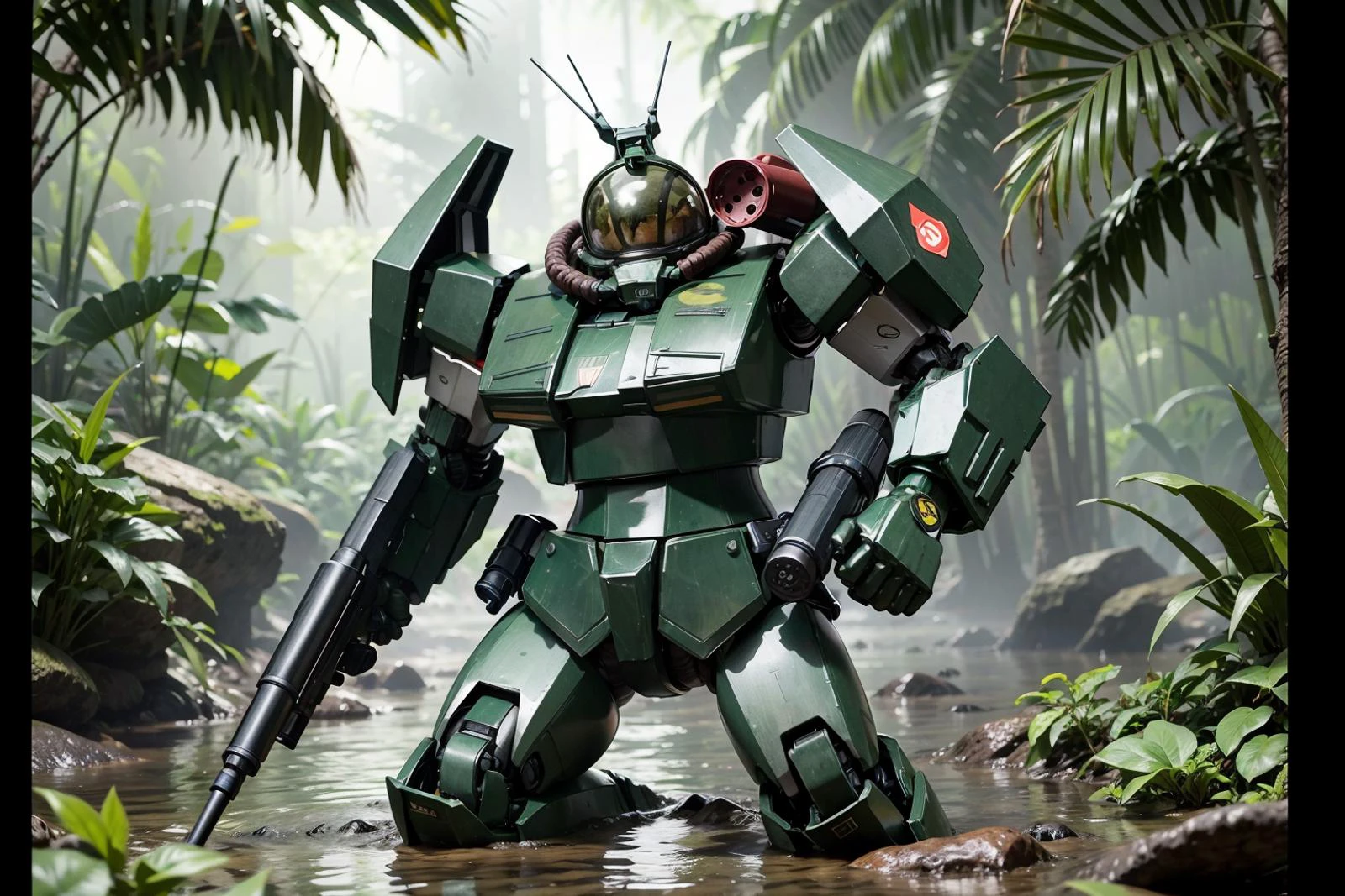 RAW-Foto eines riesigen Roboters, der eine Waffe in der Hand hält, knietief durch einen tropischen Sumpf waten