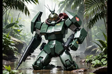 RAW photo of a    giant <lora:Robotech_ThorenGriffin:.8> robot holding a gun in its hand, wading knee-deep through a tropical sw...