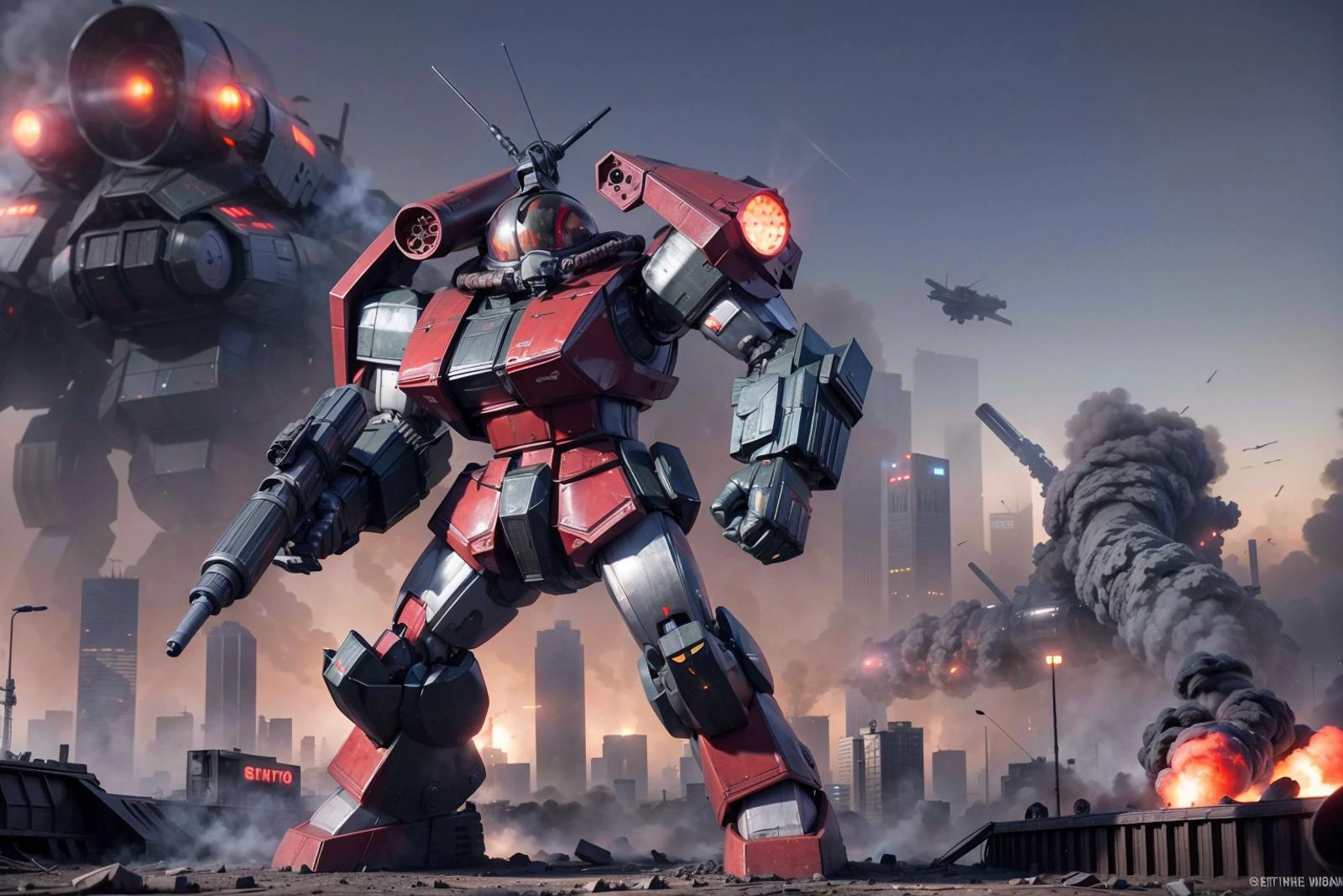 RAW photo of a  detailed  giant red and grey robot, firing a gun in its hand at enemy soldiers off in the distance, standing next to a freeway overpass, with a burning cityscape in the background, explosions, smoke, lasers firing in the sky,  