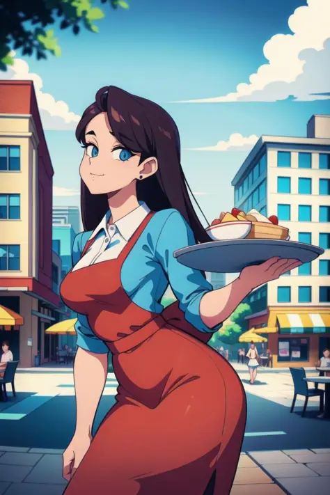 girl,(hotify:1.2) ,waitress,restaurant,outdoors,table,tables,chairs,tray,notepad,buildings,city,street,curvy ,(masterpiece,detai...