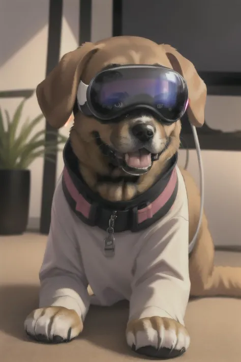 a cute k9 dog weraing apple vision pro  <lora:APPLEVR_LORA:1>