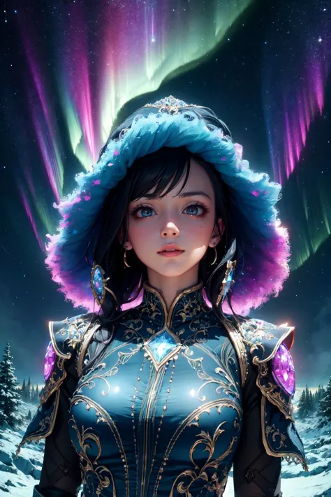 highly detailed, ultra-realistic, masterpiece, high quality, best quality, 1girl, fantasy, aurorastyle, standing, northern pole, stars, at night, intricate details, clear sky, dynamic composition, dynamic angle, detailed eyes, light smile, looking at viewer, perfect face, blacklight, digital painting excellence, vibrant colors, colorful, abstract hues, detailed background, cinematic composition, 8k, uhd, <lora:aurora-style-richy-v1:0.7> <lora:blacklight:0.7> <lora:Gloss_Tweaker_V2:0.8>