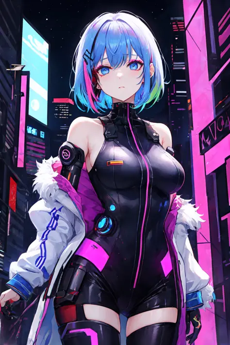 blacklight, lucy \(cyberpunk\), 1girl, bangs, bare shoulders, blue eyes, blurry, blurry background, bodysuit, breasts, cyberpunk...