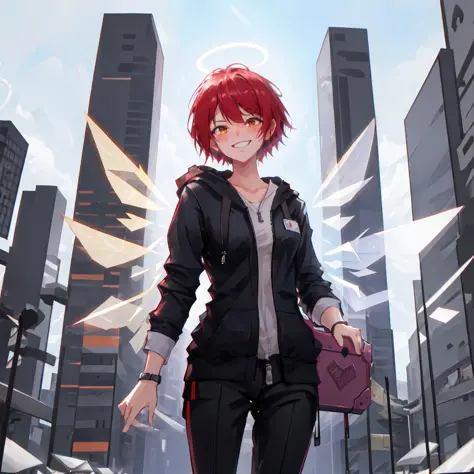 mksks style, (very detailed background:1.0), (highly detailed background:1.0), 1girl, upper_body, looking_at_viewer, hoodie, partially_unzipped, masterpiece,  (Exusiai), chatting,laughing, full body, wings,suit, suitcase, business suit,  small breasts, business casual,
