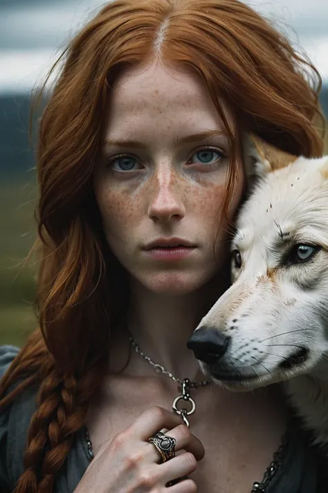 there is a woman with red hair holding a white wolf