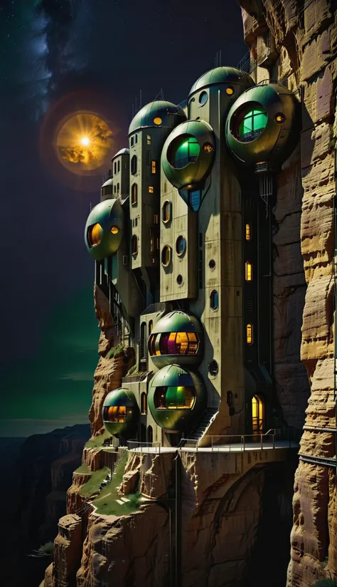 futuristic building with green lights on a cliff at night