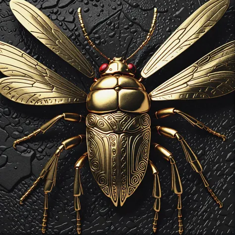 a close up of a gold bug on a black surface