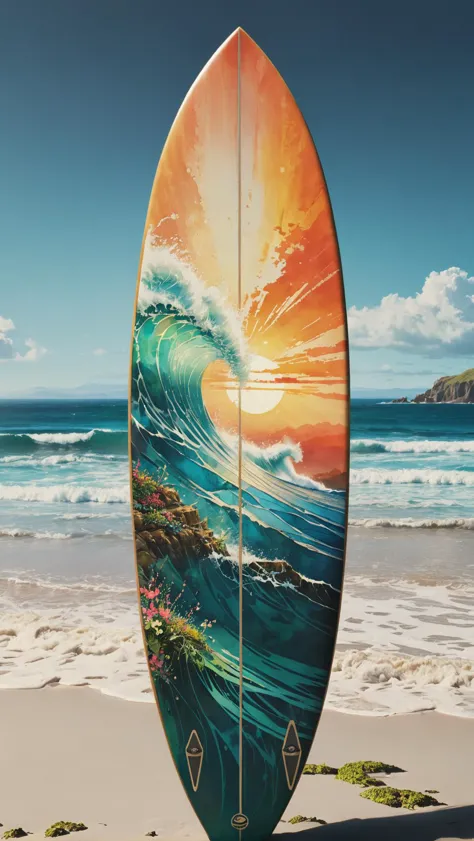 surfers board with a painting of a wave on the beach