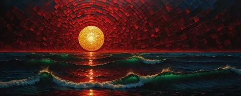 a painting of a sunset over the ocean with waves