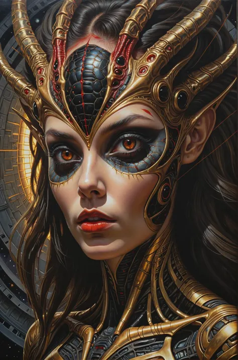 a painting of a woman with horns and a face painted in gold