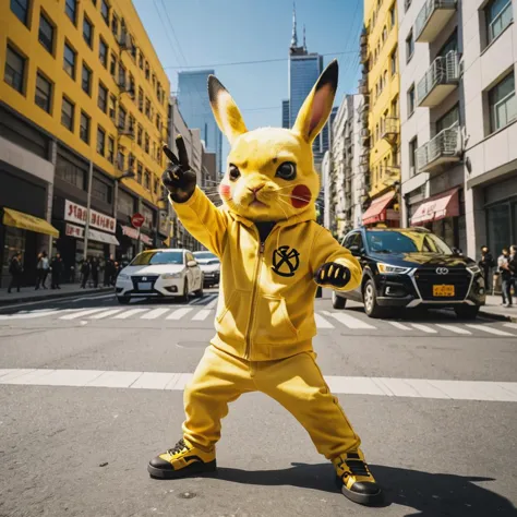 araffe dressed in a yellow pokemon suit on a city street