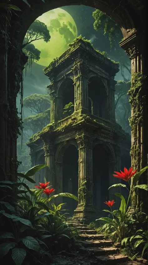 a very old building surrounded by plants and trees in the dark